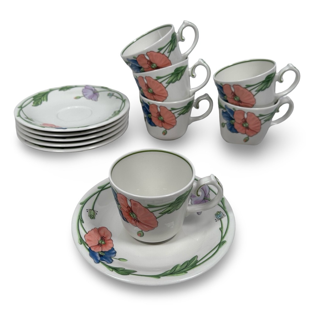 Villeroy & Boch Amapola Teacup and Saucer Set 6 Floral Poppies German Porcelain